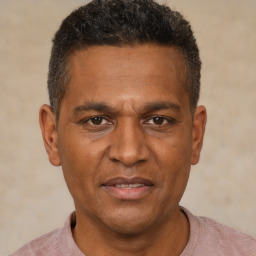 Joyful black adult male with short  brown hair and brown eyes