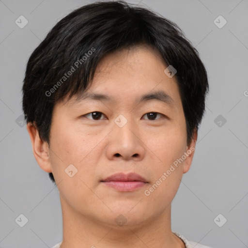 Neutral asian adult male with short  brown hair and brown eyes