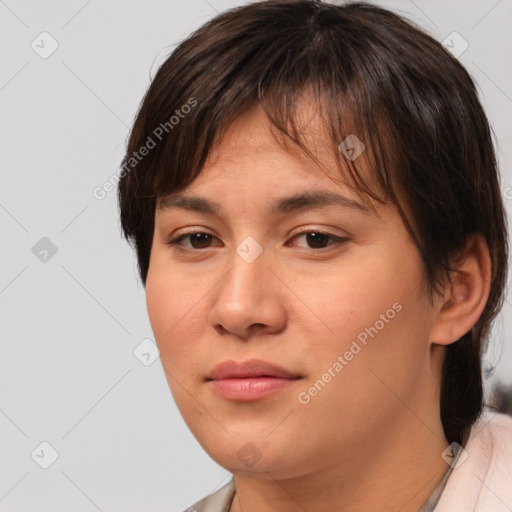 Joyful white young-adult female with medium  brown hair and brown eyes