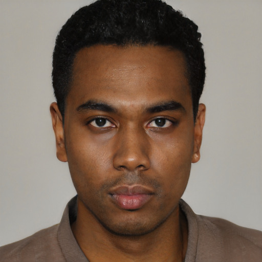 Neutral black young-adult male with short  black hair and brown eyes