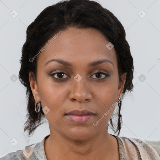 Neutral black young-adult female with short  brown hair and brown eyes