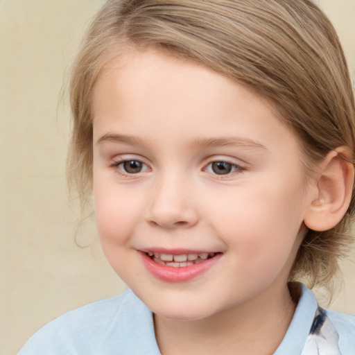 Joyful white child female with medium  brown hair and brown eyes