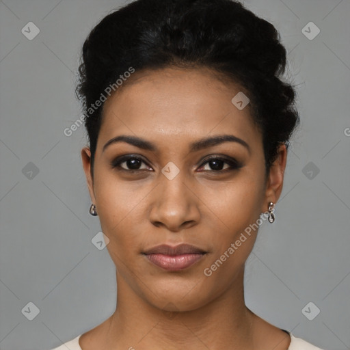 Joyful latino young-adult female with short  black hair and brown eyes