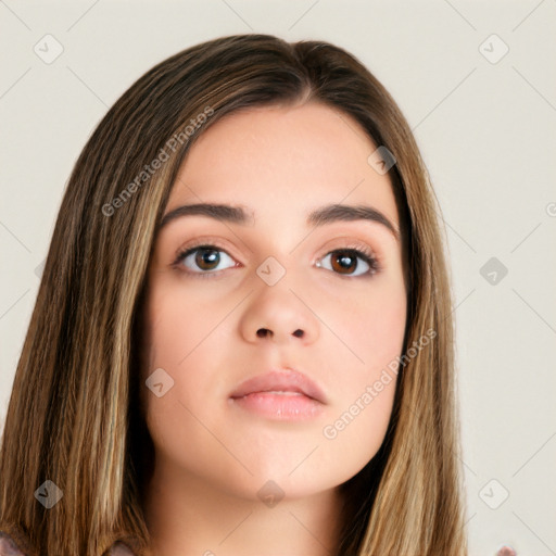 Neutral white young-adult female with long  brown hair and brown eyes