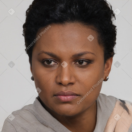 Neutral black young-adult female with short  black hair and brown eyes