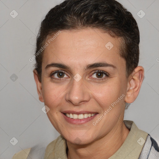 Joyful white young-adult female with short  brown hair and brown eyes