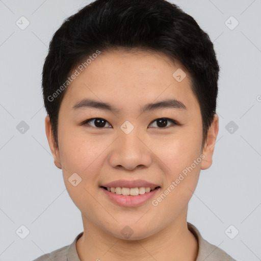 Joyful asian young-adult female with short  brown hair and brown eyes