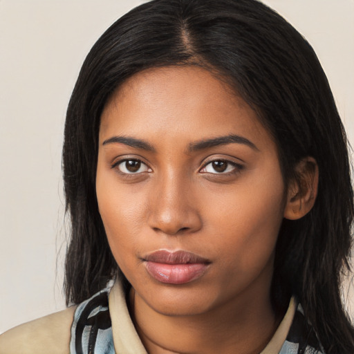 Neutral black young-adult female with long  black hair and brown eyes