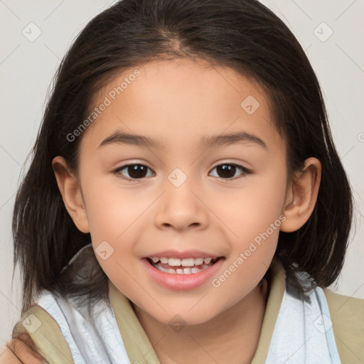 Joyful white child female with medium  brown hair and brown eyes