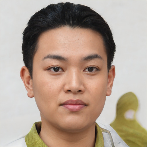 Neutral asian young-adult male with short  brown hair and brown eyes