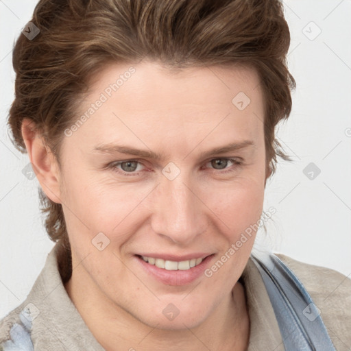 Joyful white adult female with short  brown hair and grey eyes