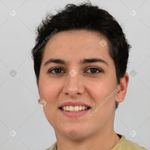 Joyful white young-adult female with short  brown hair and brown eyes