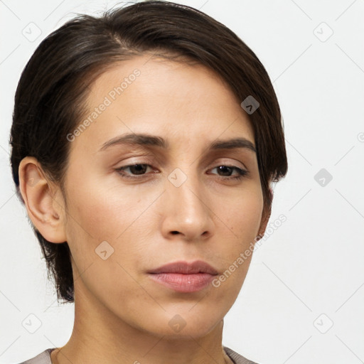 Neutral white young-adult female with short  brown hair and brown eyes