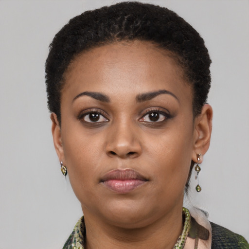 Neutral black young-adult female with short  black hair and brown eyes