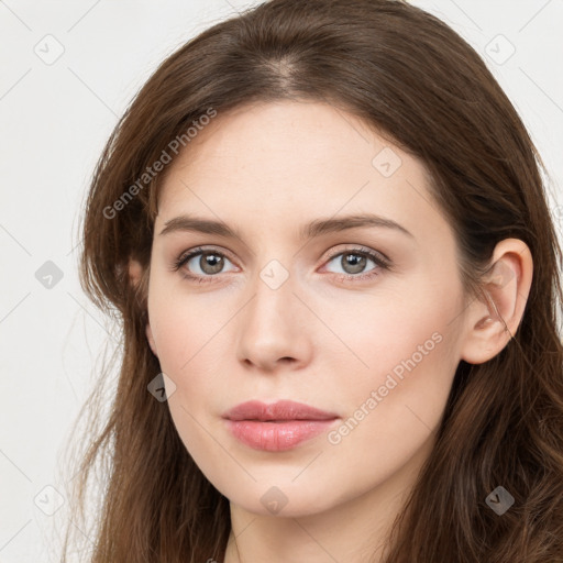 Neutral white young-adult female with long  brown hair and grey eyes