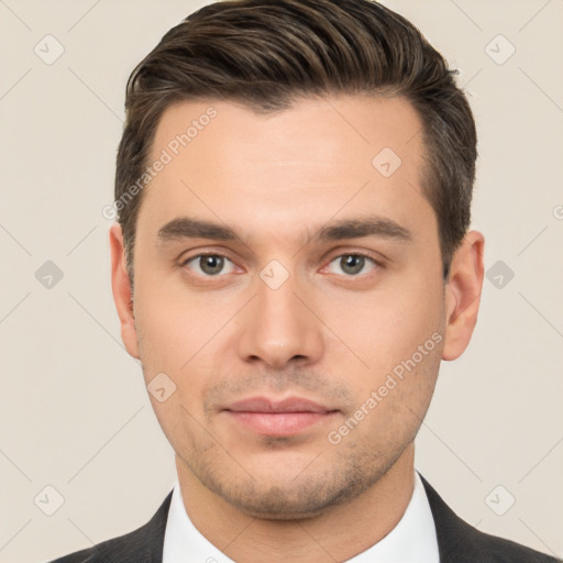 Neutral white young-adult male with short  brown hair and brown eyes