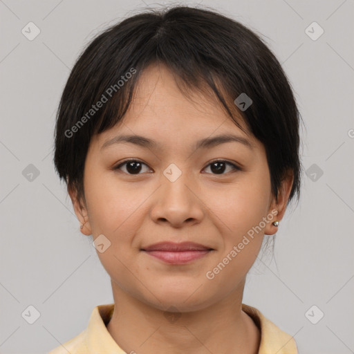 Joyful asian young-adult female with short  brown hair and brown eyes
