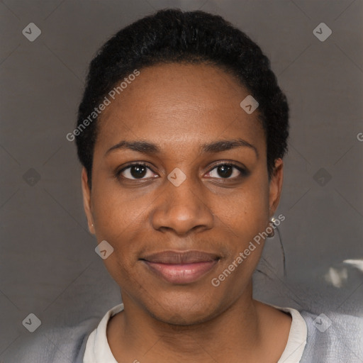 Joyful black young-adult female with short  black hair and brown eyes