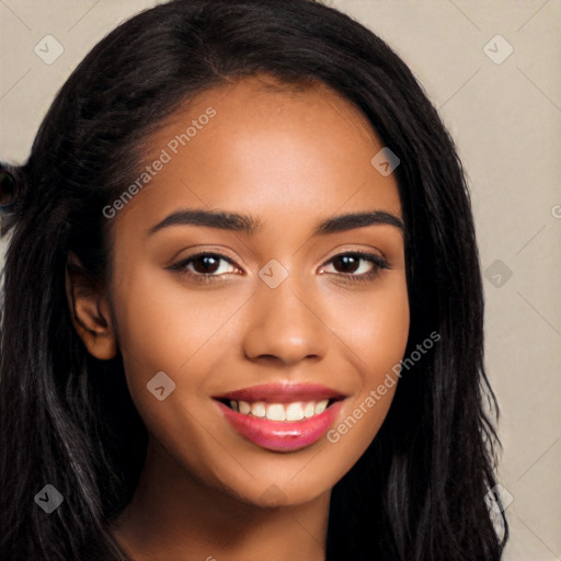 Joyful latino young-adult female with long  black hair and brown eyes