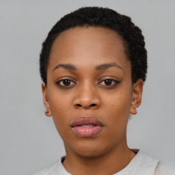 Neutral black young-adult female with short  black hair and brown eyes