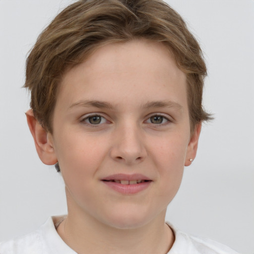 Joyful white child female with short  brown hair and grey eyes