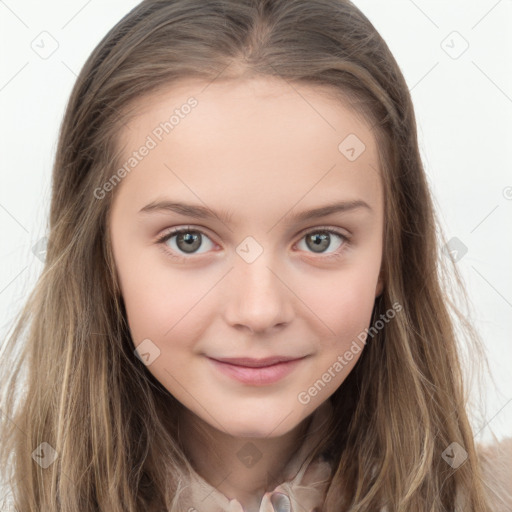 Joyful white child female with long  brown hair and brown eyes