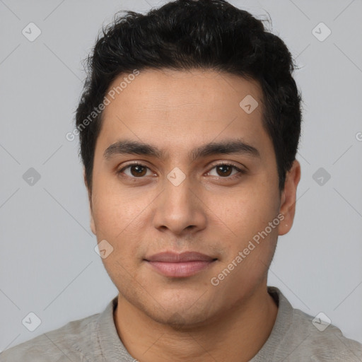 Neutral latino young-adult male with short  black hair and brown eyes
