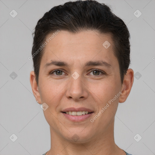 Joyful white young-adult male with short  brown hair and brown eyes