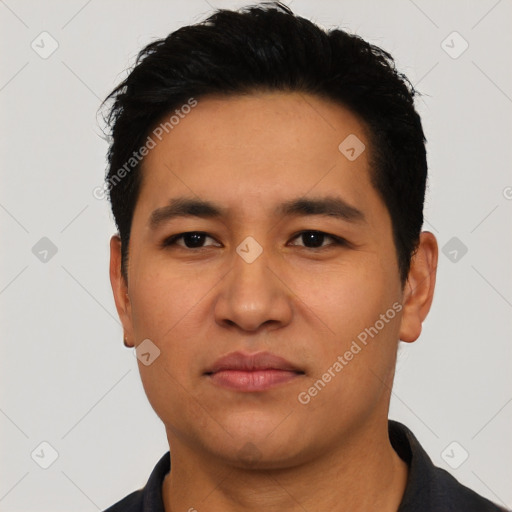 Neutral asian young-adult male with short  black hair and brown eyes