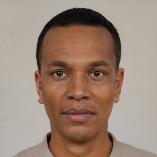Neutral black young-adult male with short  black hair and brown eyes