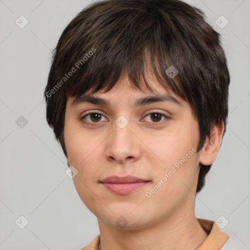 Neutral white young-adult female with short  brown hair and brown eyes