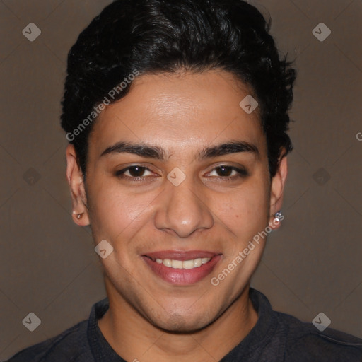 Joyful white young-adult male with short  black hair and brown eyes