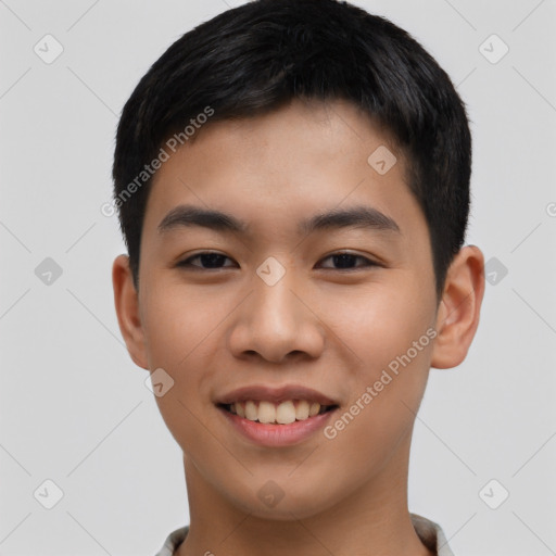 Joyful asian young-adult male with short  black hair and brown eyes