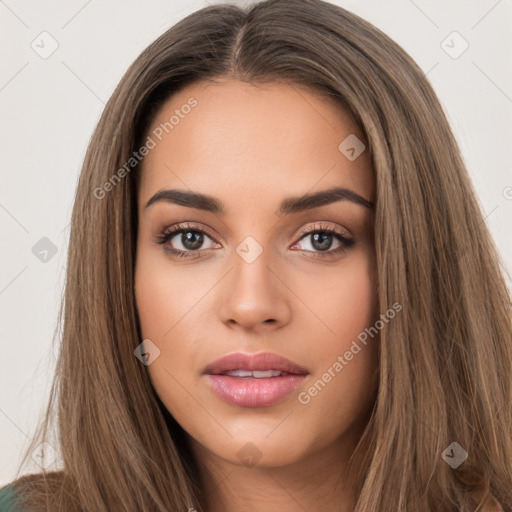 Neutral white young-adult female with long  brown hair and brown eyes