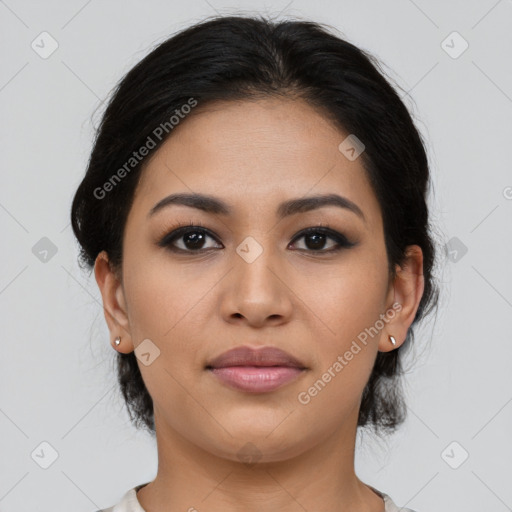 Joyful latino young-adult female with medium  black hair and brown eyes