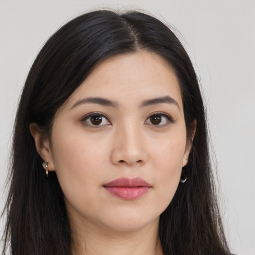 Neutral asian young-adult female with long  brown hair and brown eyes