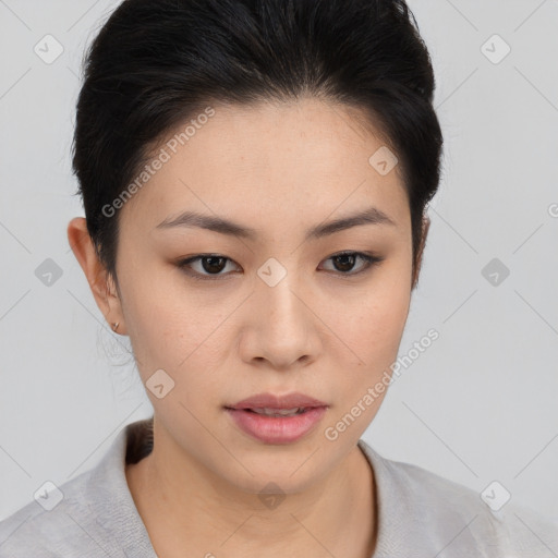 Neutral asian young-adult female with medium  brown hair and brown eyes