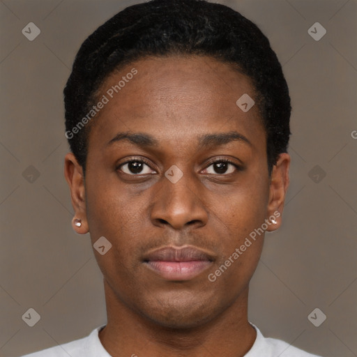 Neutral black young-adult male with short  black hair and brown eyes