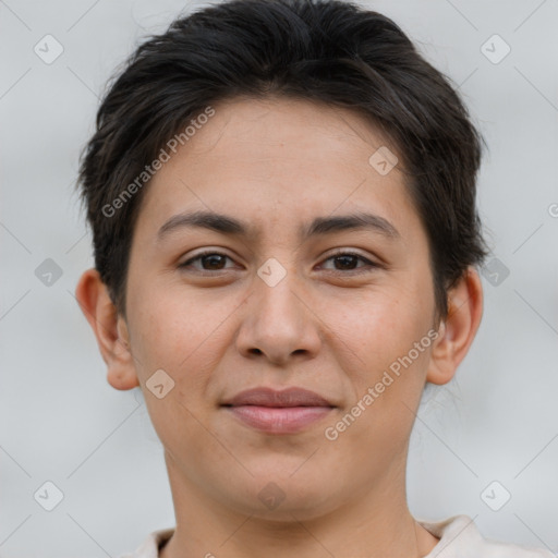 Joyful white young-adult female with short  brown hair and brown eyes