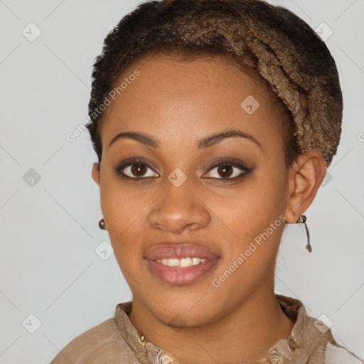 Joyful latino young-adult female with short  brown hair and brown eyes