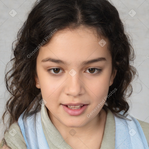 Joyful white child female with medium  brown hair and brown eyes