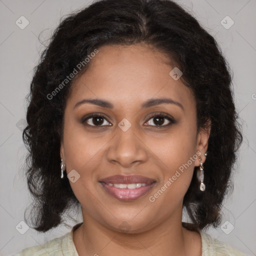 Joyful black young-adult female with medium  brown hair and brown eyes