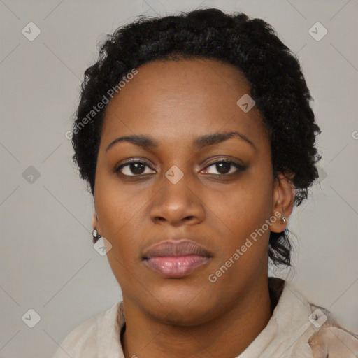 Neutral black young-adult female with short  black hair and brown eyes