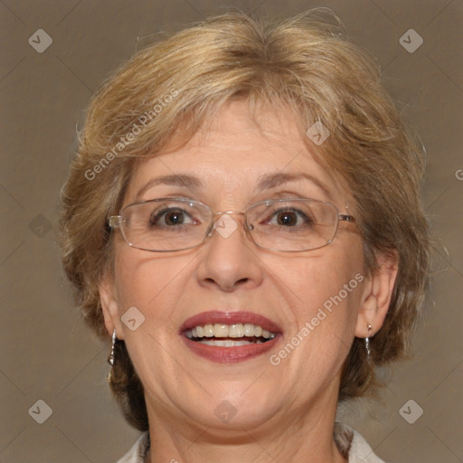 Joyful white middle-aged female with medium  brown hair and brown eyes