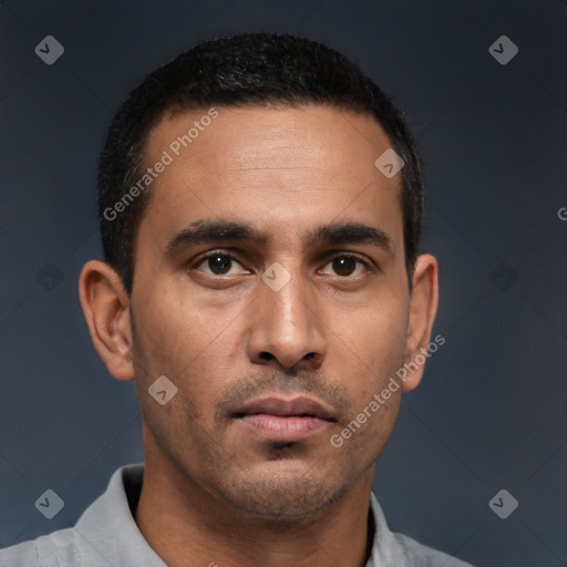 Neutral white young-adult male with short  brown hair and brown eyes