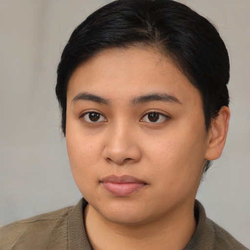 Neutral asian young-adult female with short  black hair and brown eyes