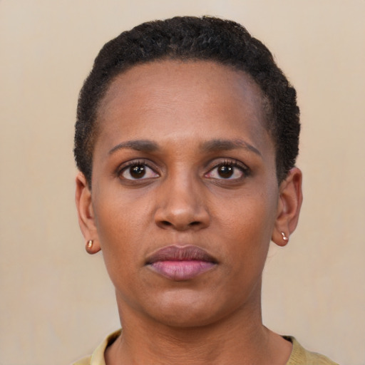 Neutral black young-adult female with short  black hair and brown eyes