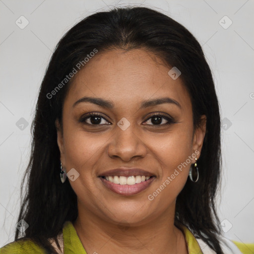 Joyful black young-adult female with medium  brown hair and brown eyes