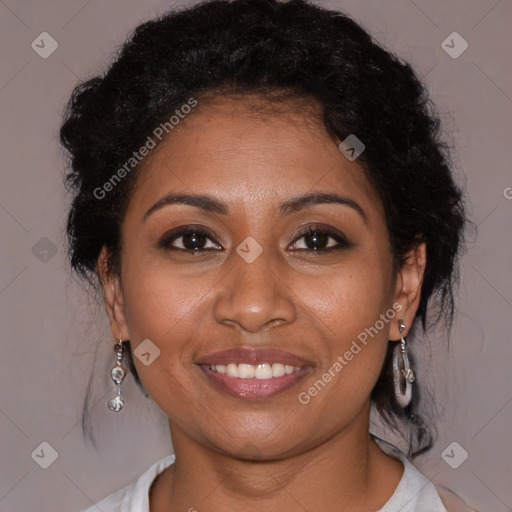 Joyful black young-adult female with medium  brown hair and brown eyes