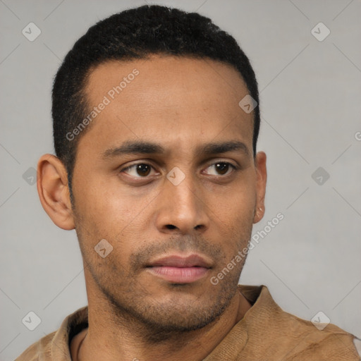 Neutral latino young-adult male with short  black hair and brown eyes